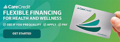A green promotional graphic for CareCredit. The headline says Flexible financing for health and wellness, with subtext options to See if you prequalify, Apply, and Pay. On the right, a hand holds a CareCredit branded credit card, and there is a Get Started button on the left.